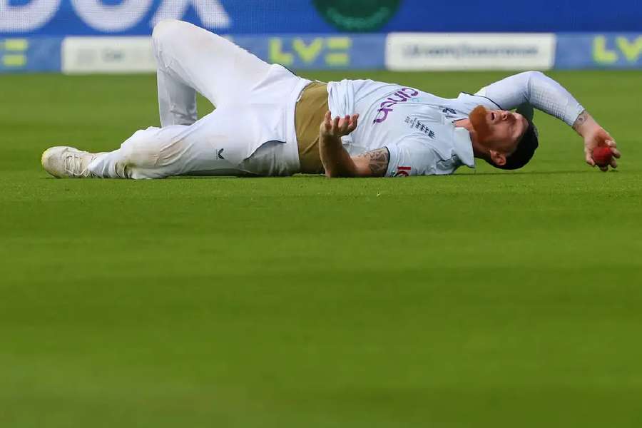 Ben Stokes reacts after dropping a catch on the fifth day