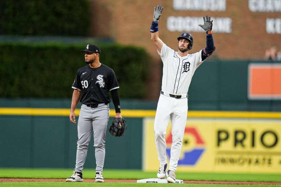 Detroit Tigers third base Matt Vierling celebrates batting a double against the Chicago White Sox