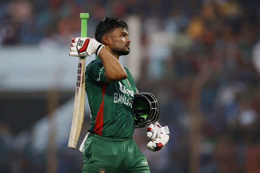 Bangladesh's Najmul Hossain Shanto walks off after losing his wicket