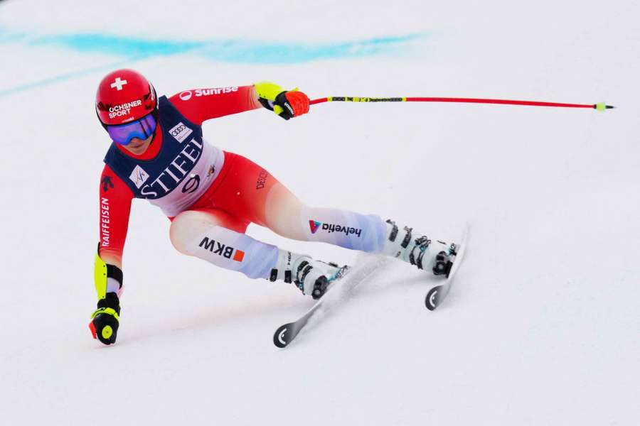 Corinne Suter of Switzerland during the women's Super G alpine skiing race in the 2025 FIS Ski World Cup at Sun Valley