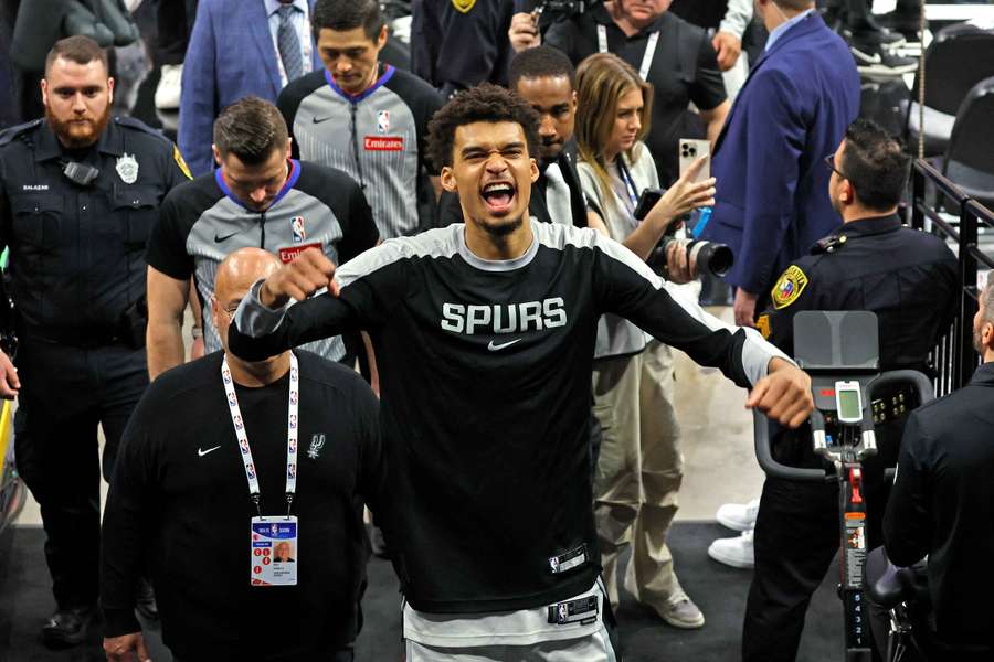 Victor Wembanyama of the San Antonio Spurs celebrates after they defeated the Milwaukee Bucks