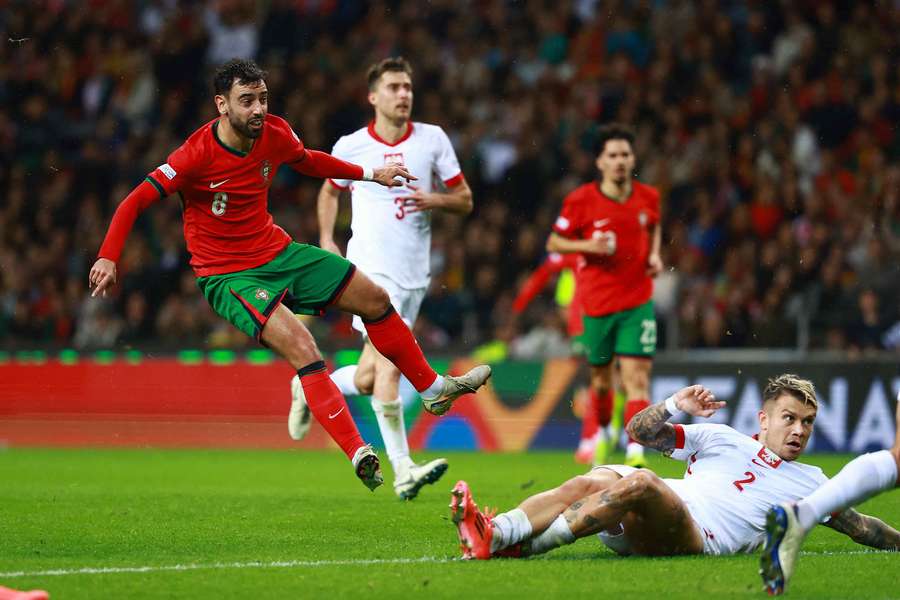 Portugal's Bruno Fernandes scores their third goal