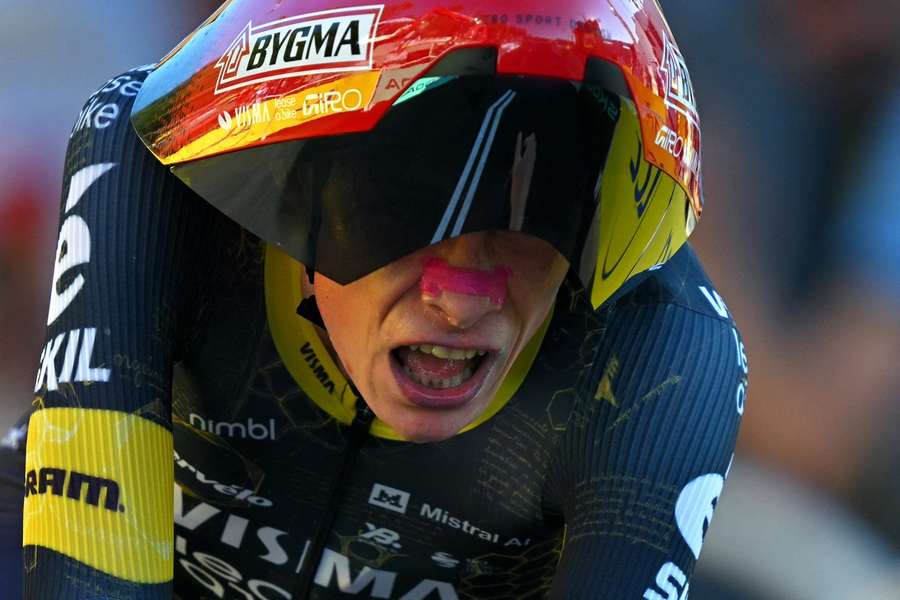 Team Visma | Lease a Bike's Danish rider Jonas Vingegaard cycles to the finish line of the 1st stage Team Visma | Lease a Bike's Danish rider Jonas Vingegaard cycles to the finish line of the 1st stage