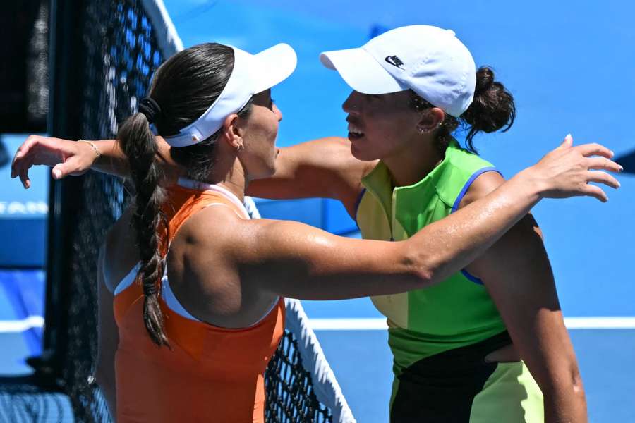 Jessica Pegula (L) and Madison Keys embrace after their clash at the Australian Open