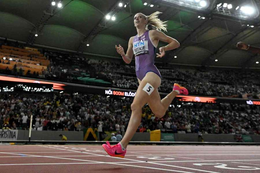 Britain's Jemma Reekie crosses the finish line to win her 800m semi-final