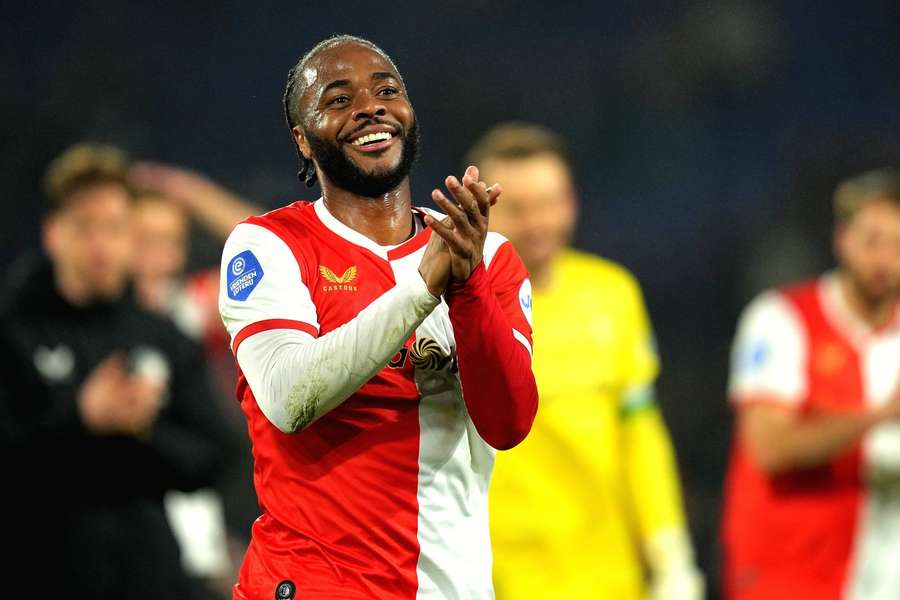 Raheem Sterling thanks the fans after his Feyenoord debut on Sunday