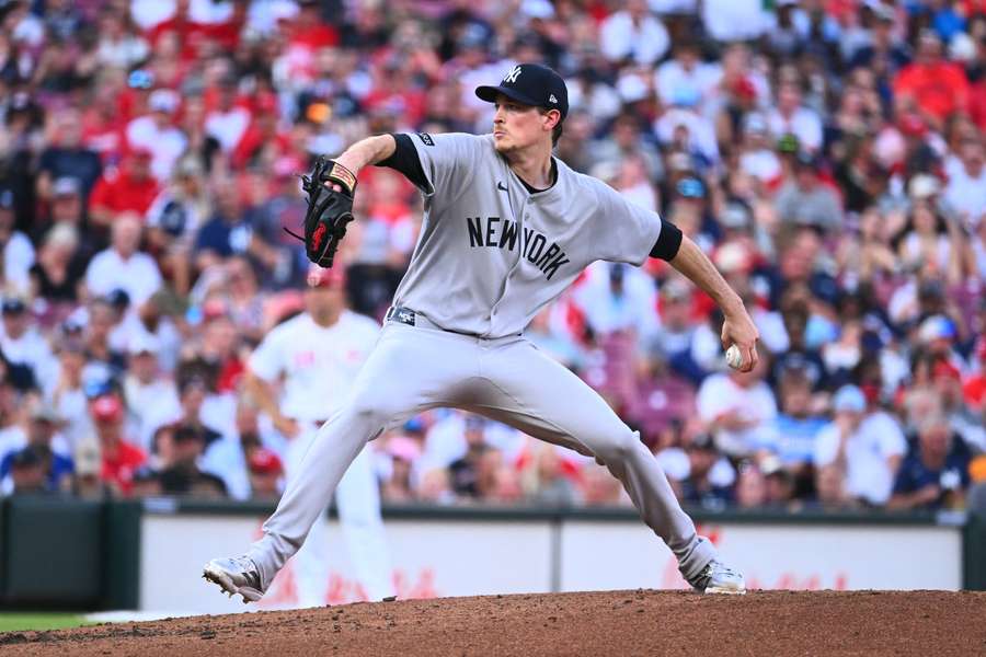 Max Fried winding up for a pitch against the Cincinnati Reds (2025)