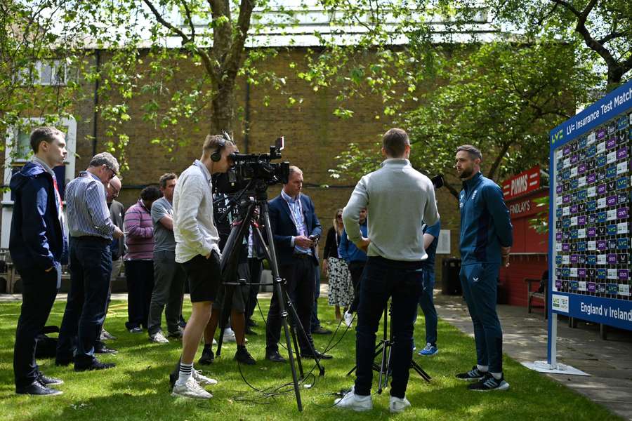 England's Chris Woakes attends a press conference