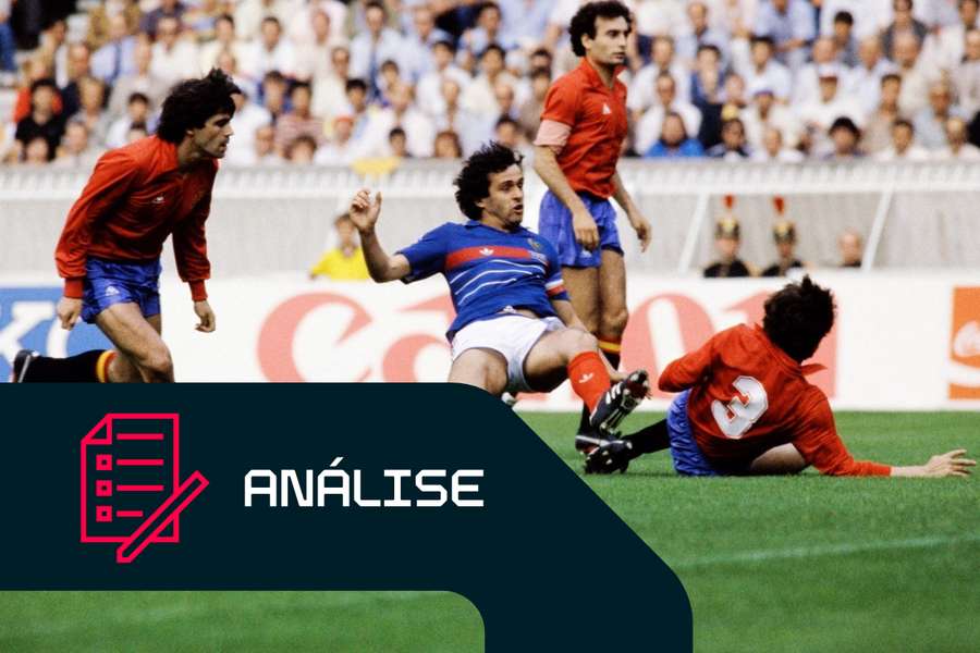 Platini (França) disputa bola com Camacho (Espanha) na final da Euro-84 Platini (França) disputa bola com Camacho (Espanha) na final da Euro-84