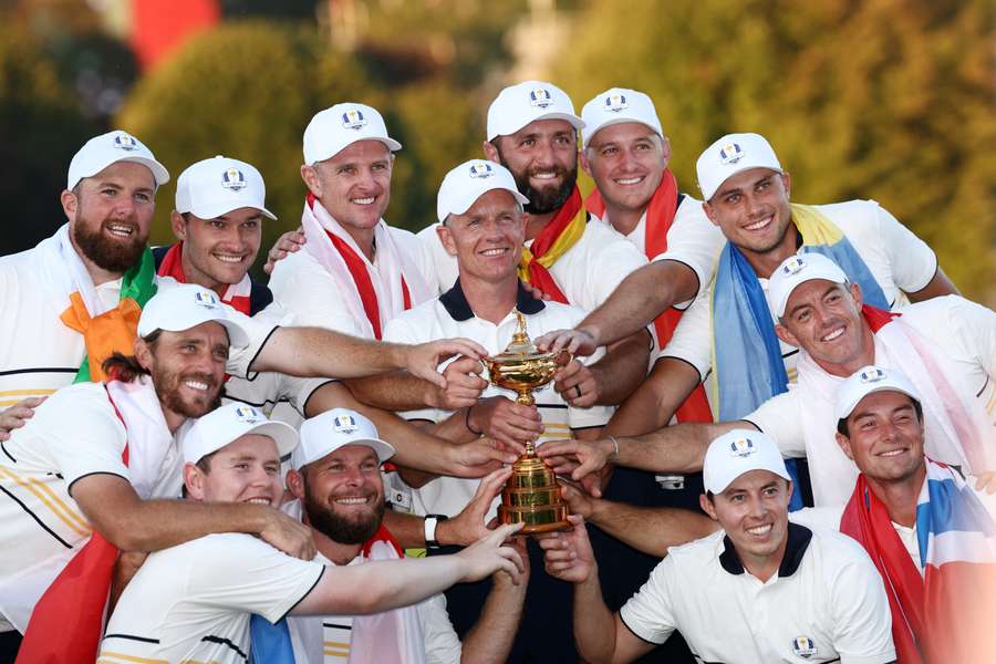 Team Europe celebrate retaining the Ryder Cup