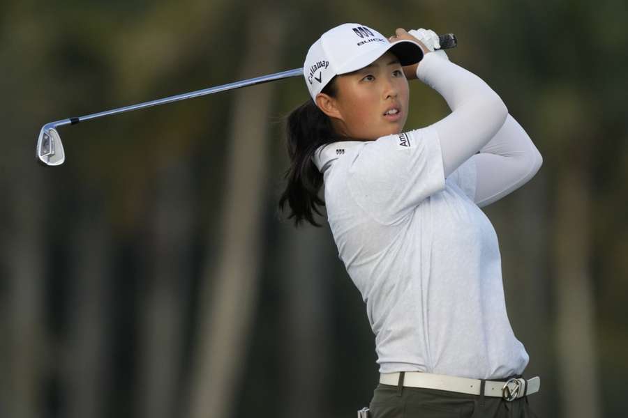 Yin Ruoning hits a shot from the 18th fairway during the first round of the LPGA Tour Championship