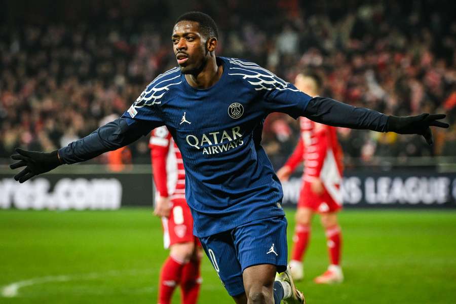 Ousmane Dembele of PSG celebrates his first goal against Brest
