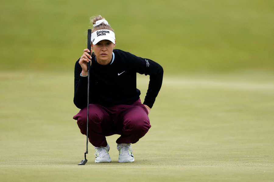 Nelly Korda lines up a putt on the way to the 54-hole lead in the LPGA Mizuho Americas Open