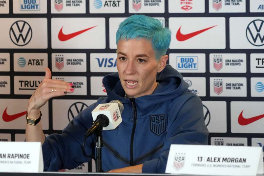 Megan Rapinoe speaks at a press conference