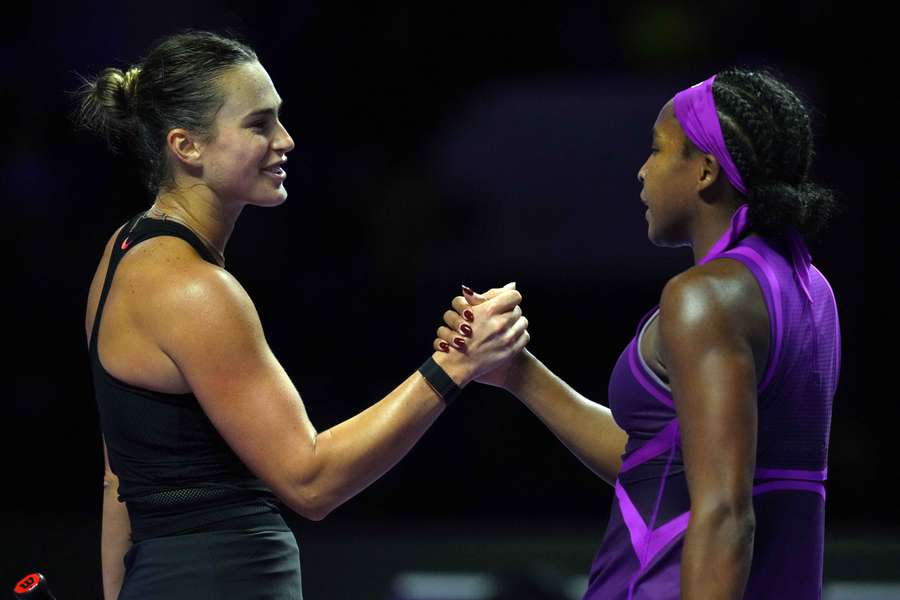 Aryna Sabalenka, left, congratulates Coco Gauff after their match