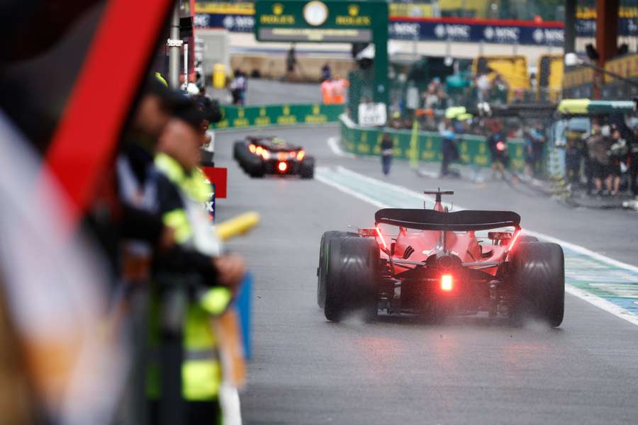 Ferrari's Charles Leclerc drives in the in the pit lane