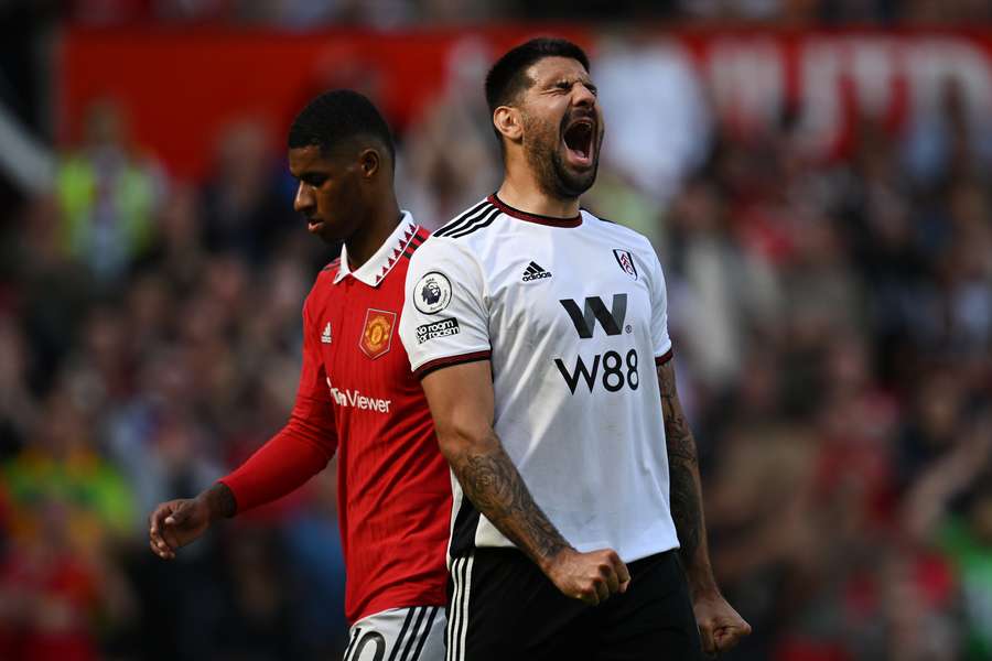 Fulham's Serbian striker Aleksandar Mitrovic reacts after missing to shoot a penalty kick during the English Premier League football match between Manchester United and Fulham