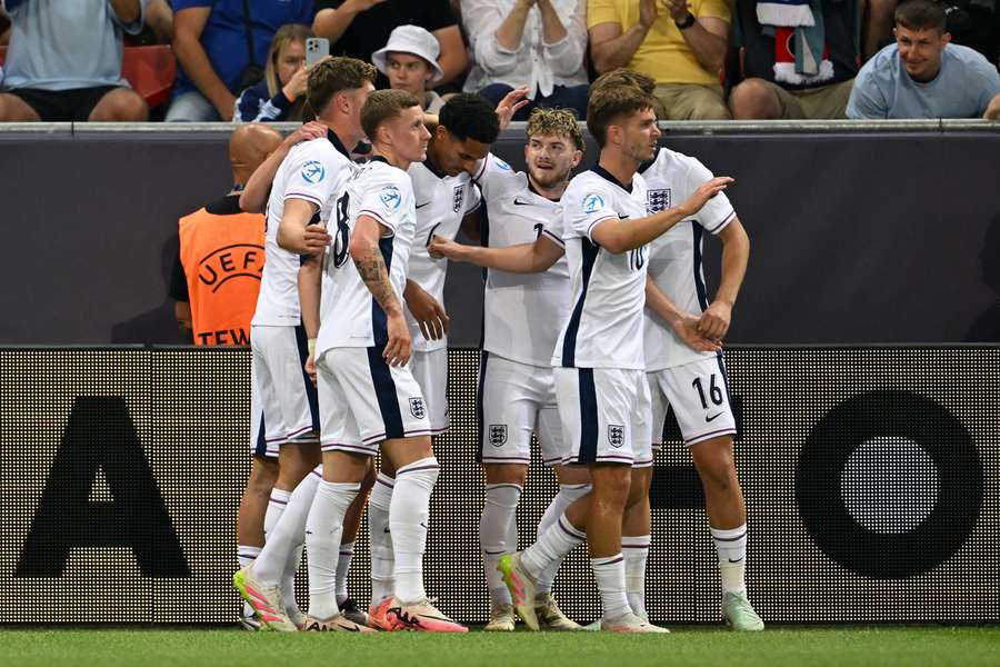 England celebrate Harvey Elliott's pivotal strike in the 15th minute