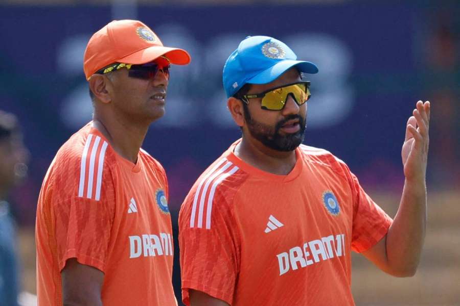 India's Rohit Sharma with coach Rahul Dravid during practice 