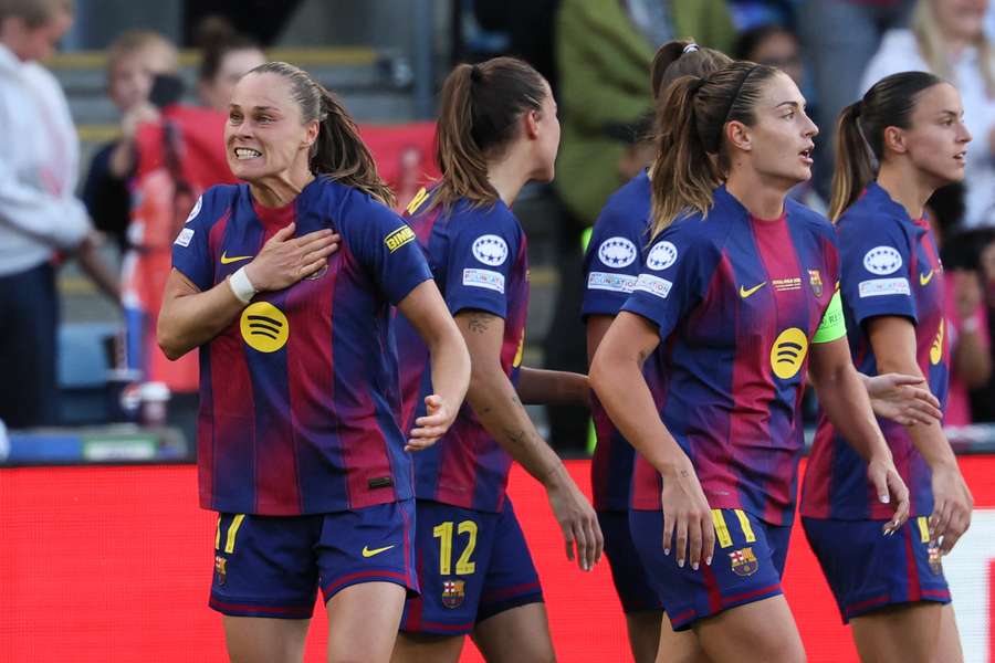 Barcelona's Polish forward Ewa Pajor celebrates scoring her team's first goal Barcelona's Polish forward Ewa Pajor celebrates scoring her team's first goal