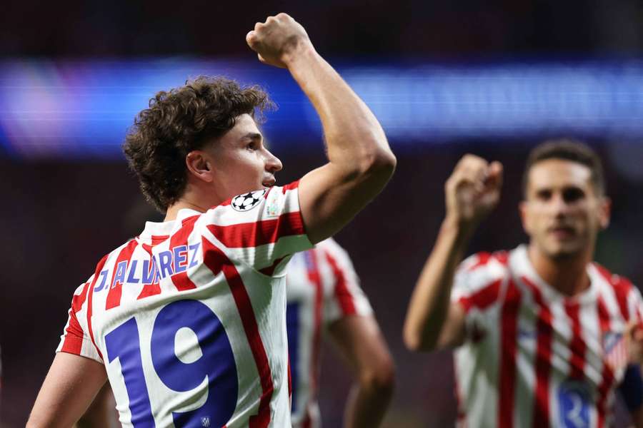 Atletico Madrid's Julian Alvarez celebrates scoring in the first leg against Arsenal