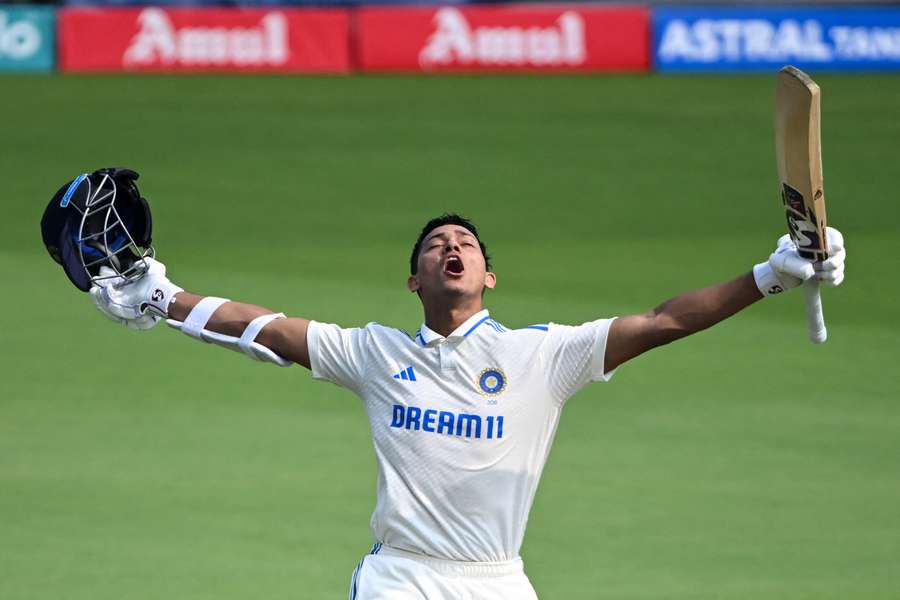 India's Yashasvi Jaiswal celebrates after scoring his first Test double century during the second day of the second Test against England