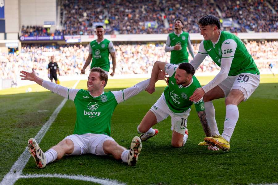 Martin Boyle celebrates after scoring Hibernian's second goal against Rangers