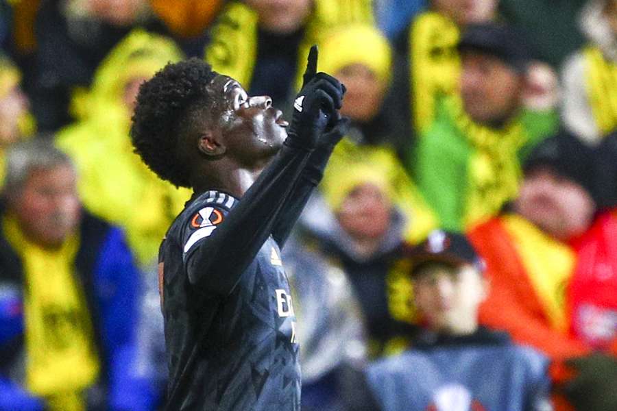 Arsenal's Bukayo Saka celebrates after scoring during the Europa League match against FK Bodø/Glimt