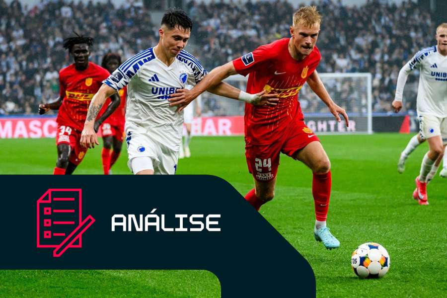 Rodrigo Huescas, do FC Copenhaga, e Lucas Høgsberg, do FC Nordsjaelland, disputam a posse de bola