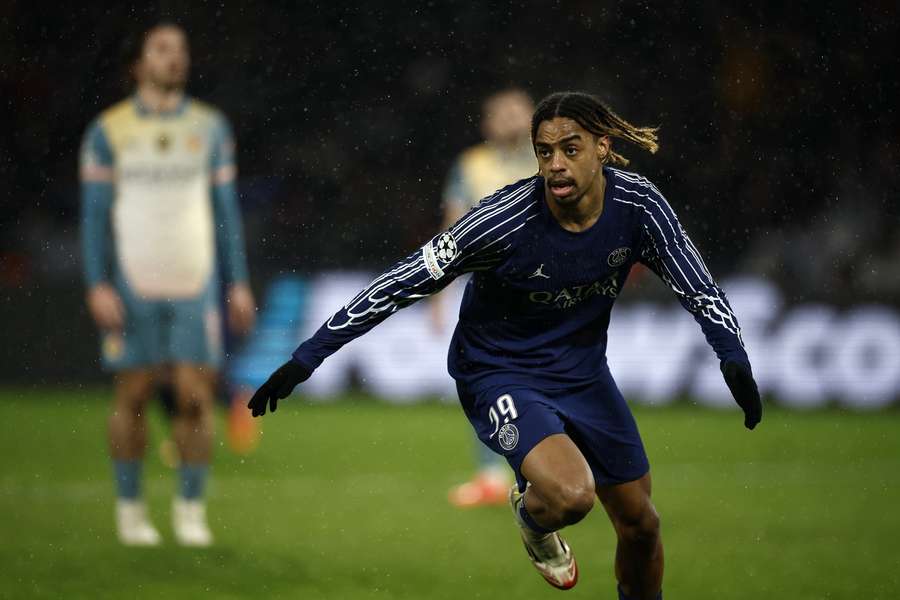 Bradley Barcola of PSG celebrates after scoring the equaliser