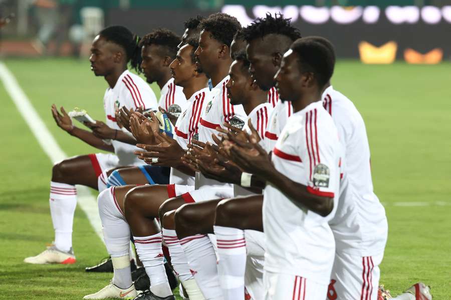 Archive image of Sudan's players listening to the national anthem prior to the start of their Group D AFCON match against Egypt in 2022.