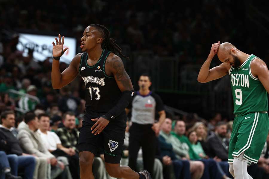 Timberwolves Ayo Dosunmu celebrates a three in win over Celtics