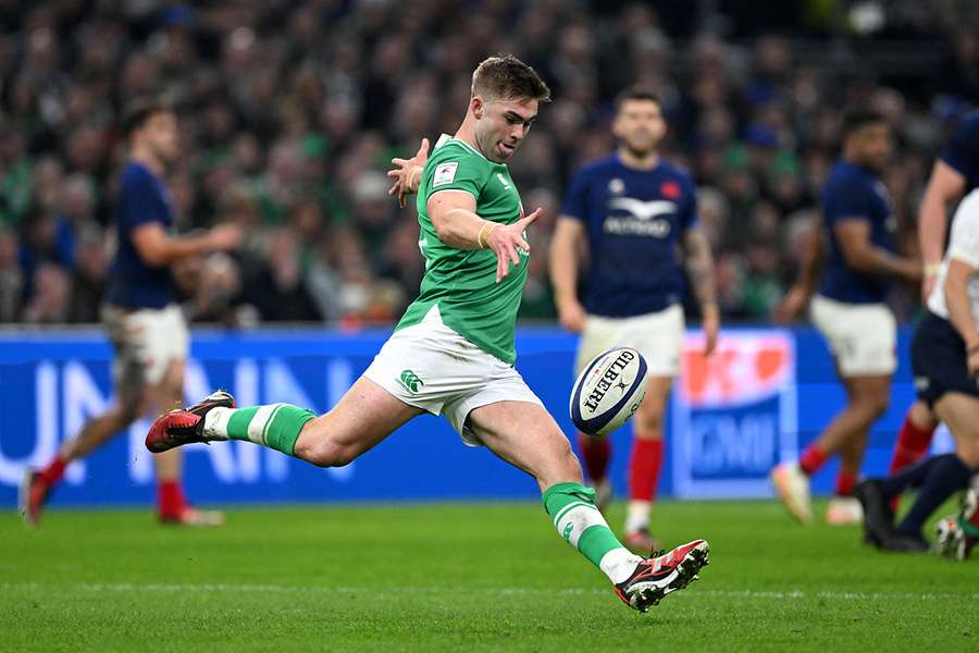 Ireland's Jack Crowley kicks the ball up-field