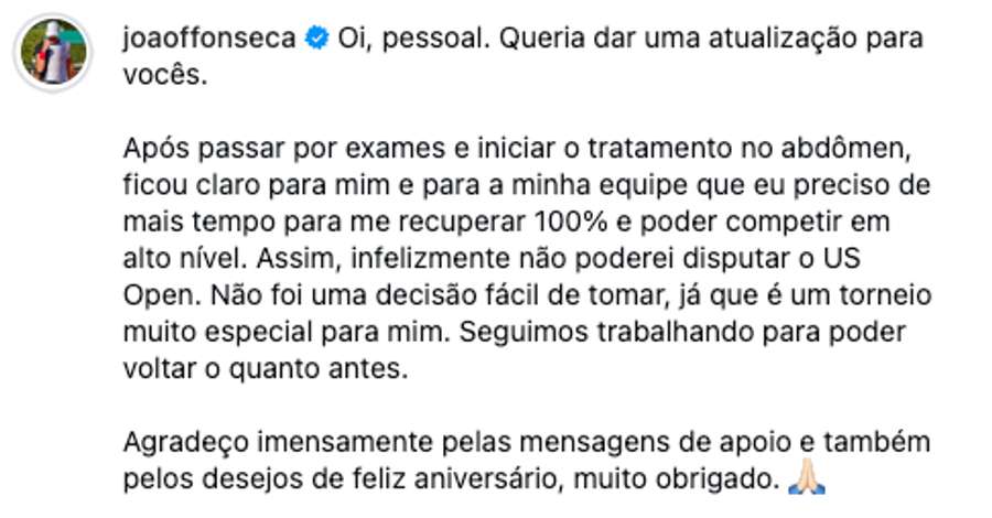 João Fonseca publicou comunicado nas redes sociais João Fonseca publicou comunicado nas redes sociais