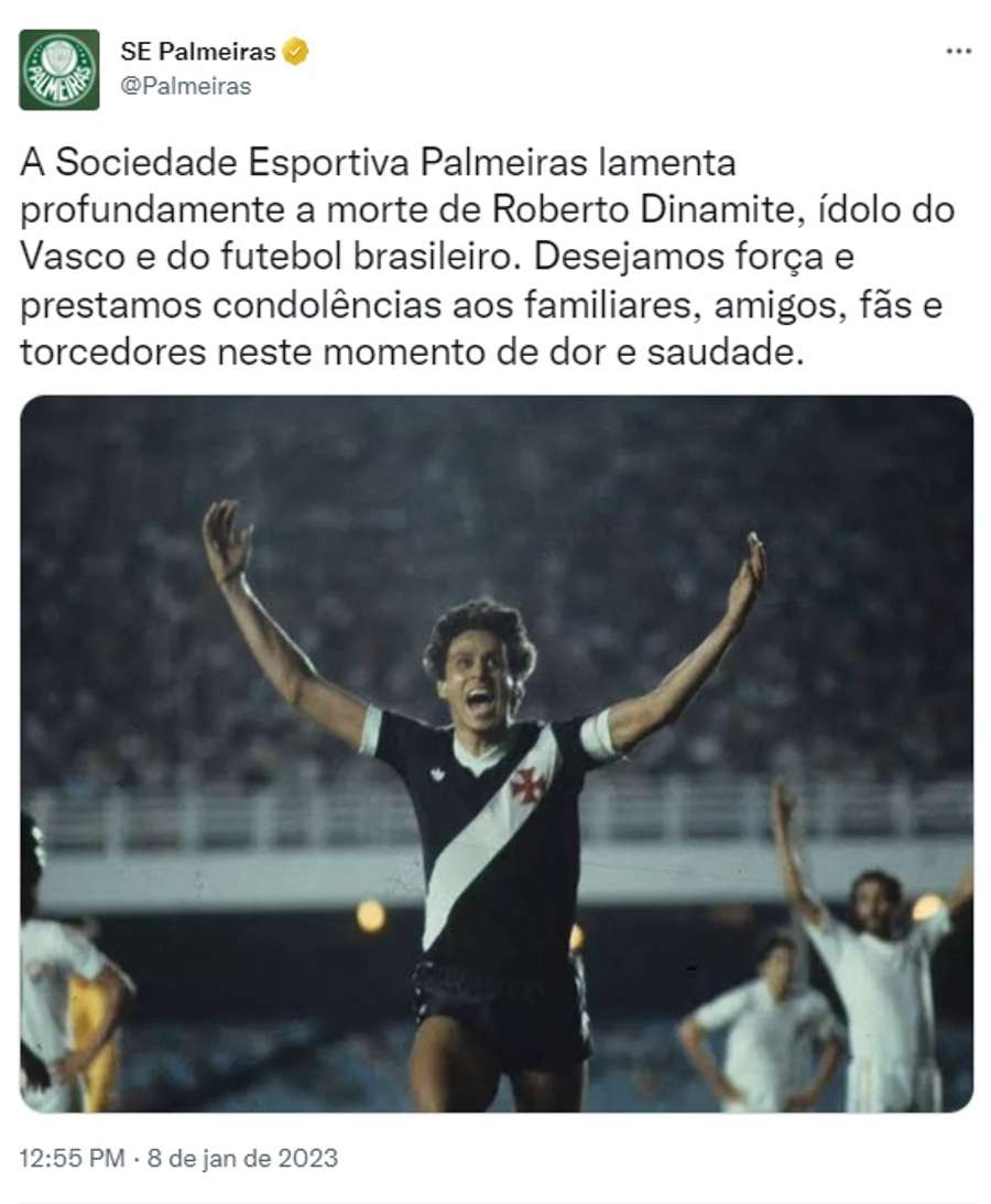 Post do Palmeiras em homenagem a Roberto Dinamite