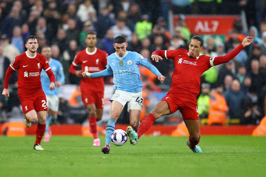 Liverpool's Virgil van Dijk in action with Manchester City's Phil Foden