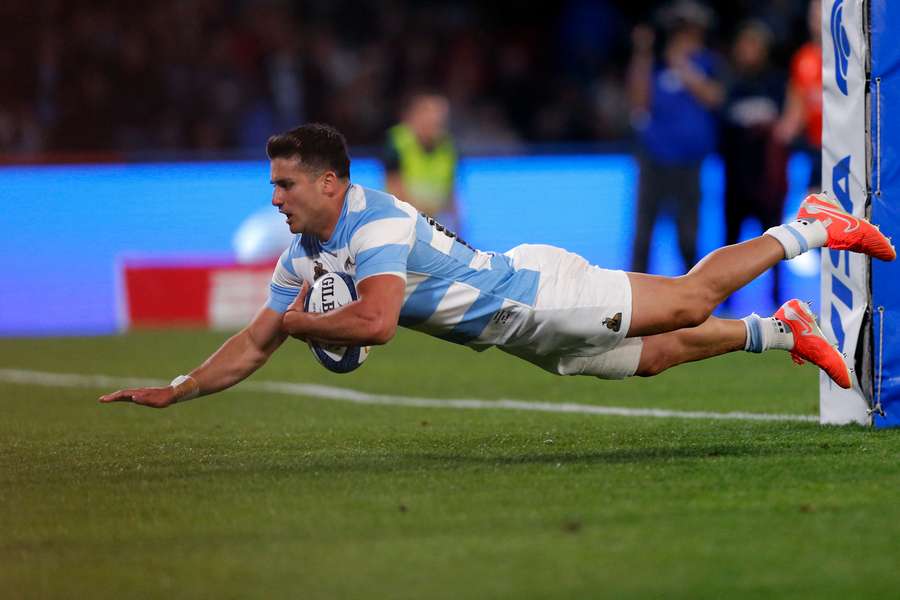Argentina's Tomas Albornoz scores a try in a Rugby Championship game against New Zealand last month.