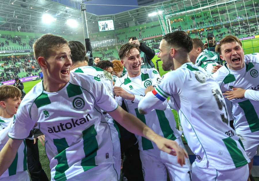 FC Groningen celebrate beating Ajax in the Eredivisie