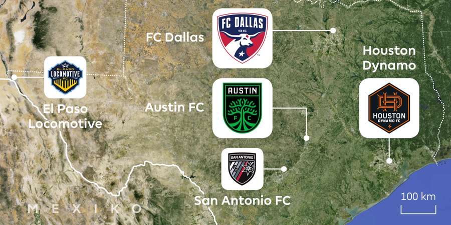 Pětice největších texaských klubů: Dallas, Houston a Austin působí v Major League Soccer, San Antonio a El Paso v USL Championship.