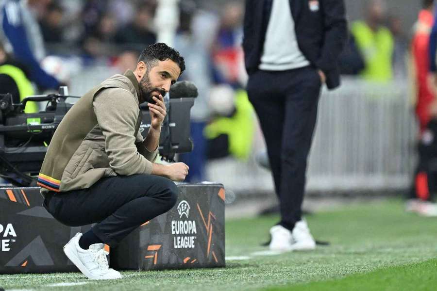 Ruben Amorim, în timpul partidei Lyon - Man United din sferturile de finală Europa League