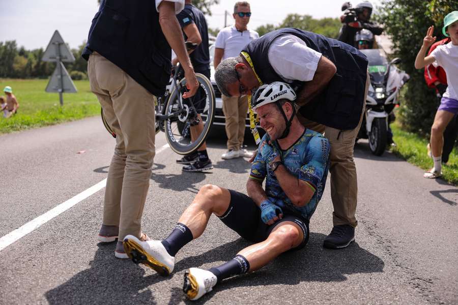 Cavendish reacts after his fall at the Tour de France