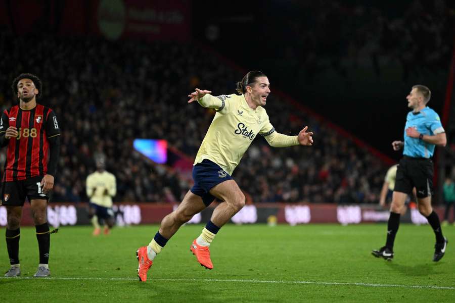 Jack Grealish celebrates scoring Everton's winner