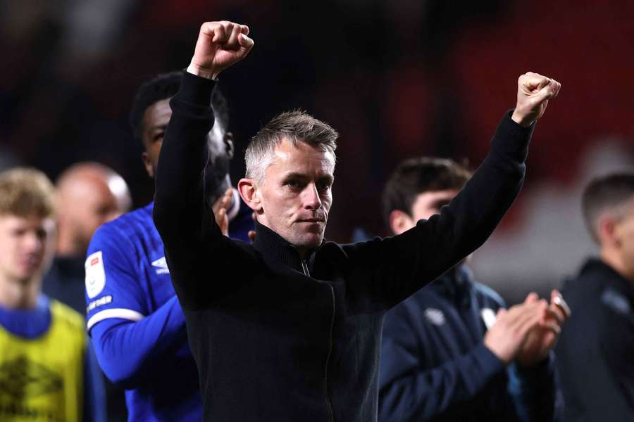 Kieran McKenna, Manager of Ipswich Town, acknowledges the fans 