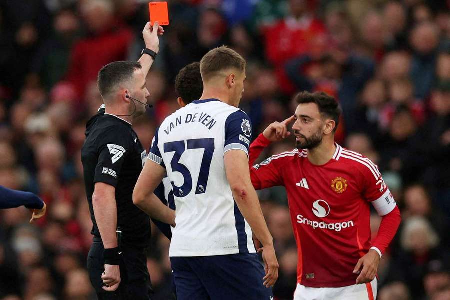 Manchester United captain Burno Fernandes after being sent off on Sunday