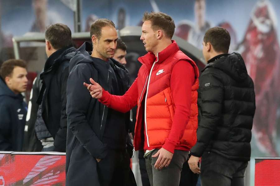 Mintzlaff e Nagelsmann num jogo da Bundesliga em dezembro de 2019