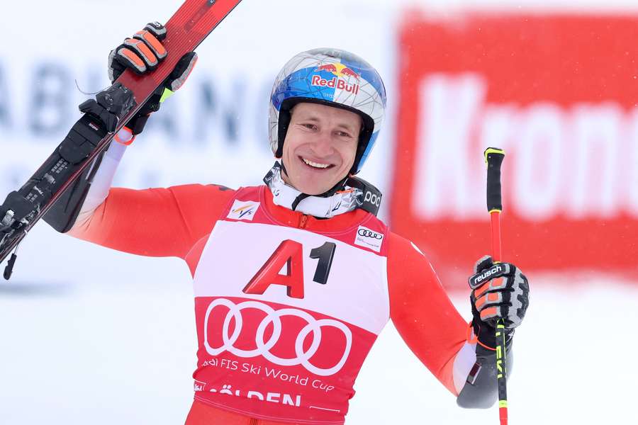 Marco Odermatt celebrates after winning the Giant Slalom in Soelden, Austria, on Sunday