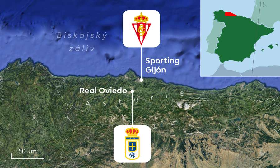 Mapa de Asturias con sus rivales en ligas menores.