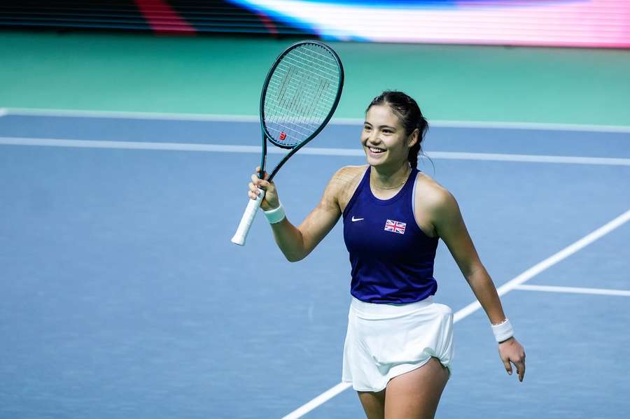 Emma Raducanu celebrates after winning her match against Canada's Rebecca Marino