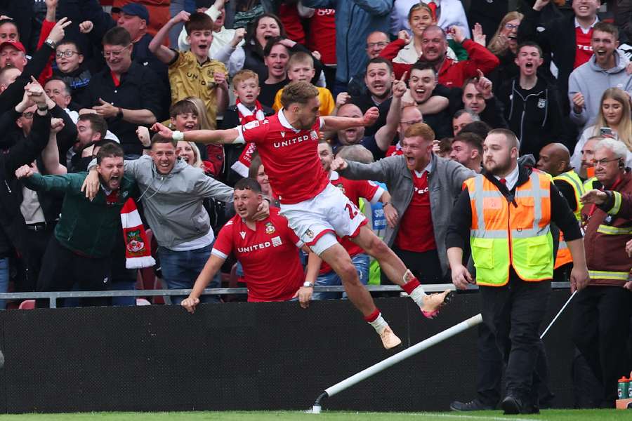 Sam Smith celebrates scoring Wrexham's second goal