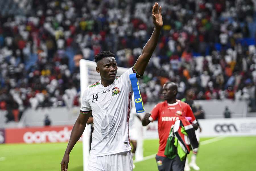Michael Olunga reacts after winning a friendly match between Qatar and Kenya in September 2023